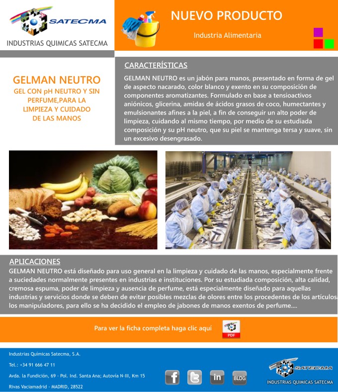 CARACTERISTICAS: GELMAN NEUTRO es un jabón para manos, presentado en forma de gel de aspecto nacarado, color blanco y exento en su composición de  componentes aromatizantes. Formulado en base a tensioactivos  aniónicos, glicerina, amidas de ácidos grasos de coco, humectantes y emulsionantes afines a la piel, a fin de conseguir un alto poder de limpieza, cuidando al mismo tiempo, por medio de su estudiada composición y su pH neutro, que su piel se mantenga tersa y suave, sin un excesivo desengrasado.