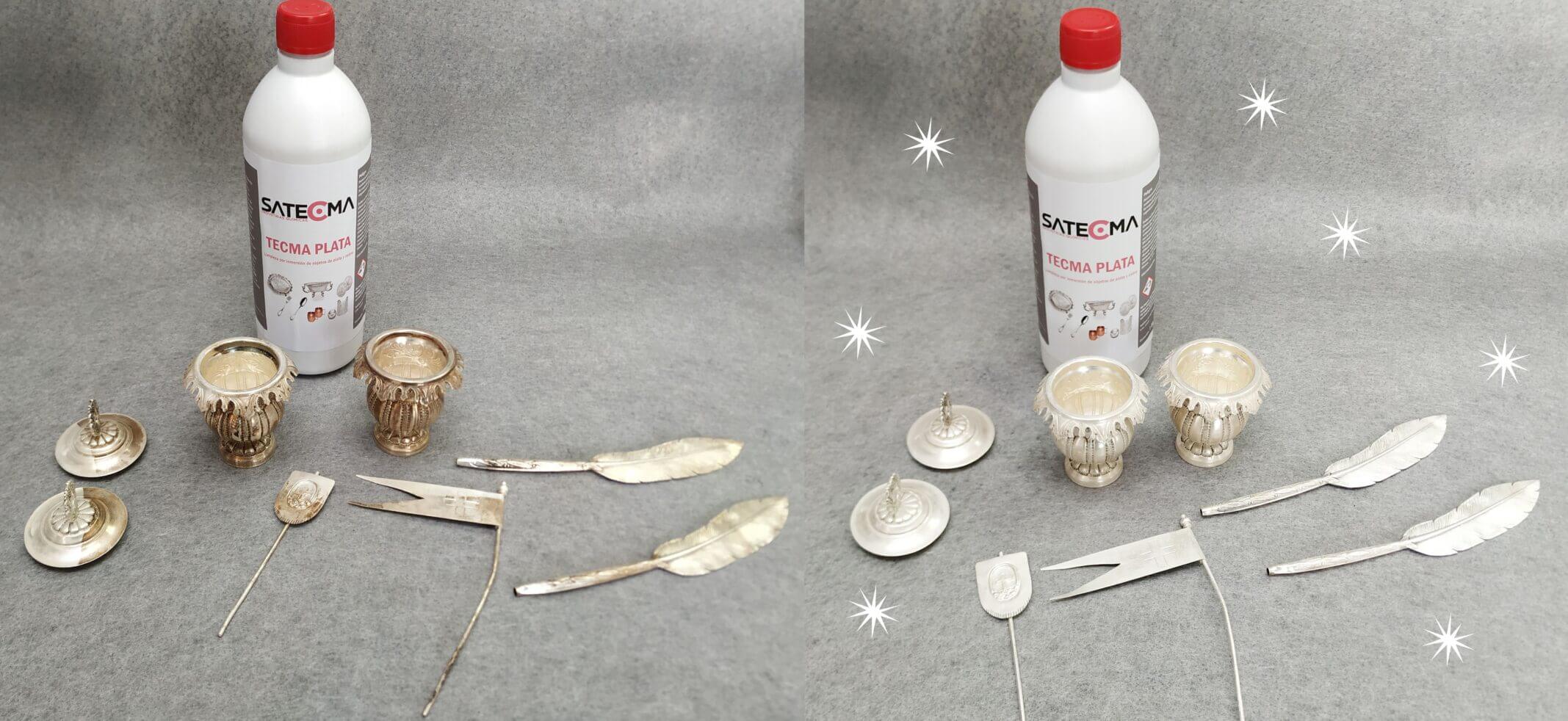 objetos antes y despues de la limpieza con tecma plata