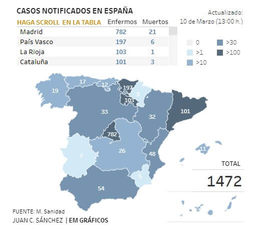 Mapa actualizado de la situación del coronavirus en España