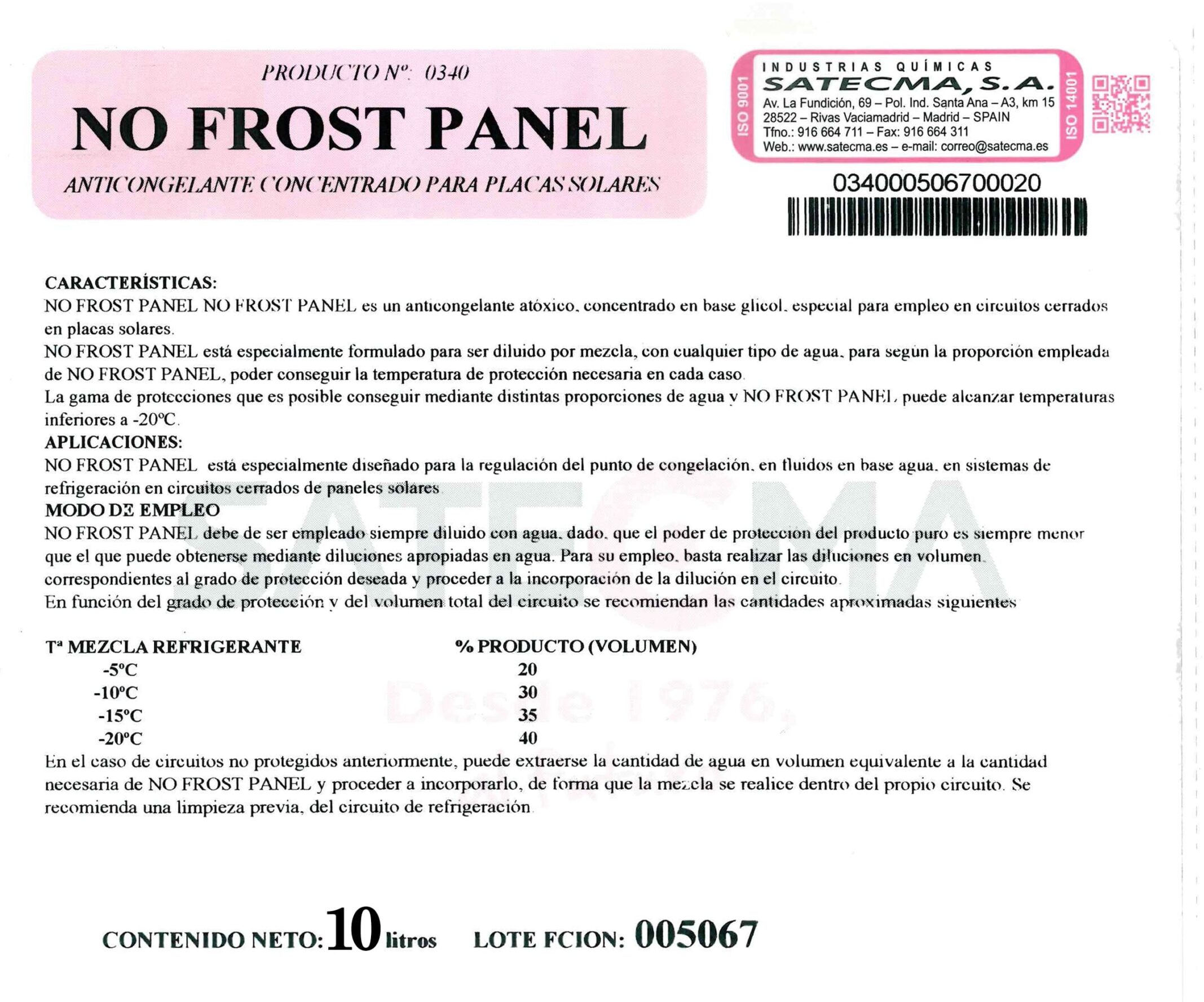 no frost panel etiqueta